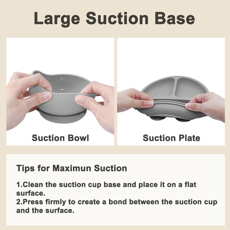 Munlinder Silicone Baby Feeding Set | Baby Led Weaning Supplies Includes Suction Bowls and Divided Plates, Adjustable Bib, Baby Utensils Spoons and Forks,Cup | Baby Feeding Essentials (Grey) - Image 5